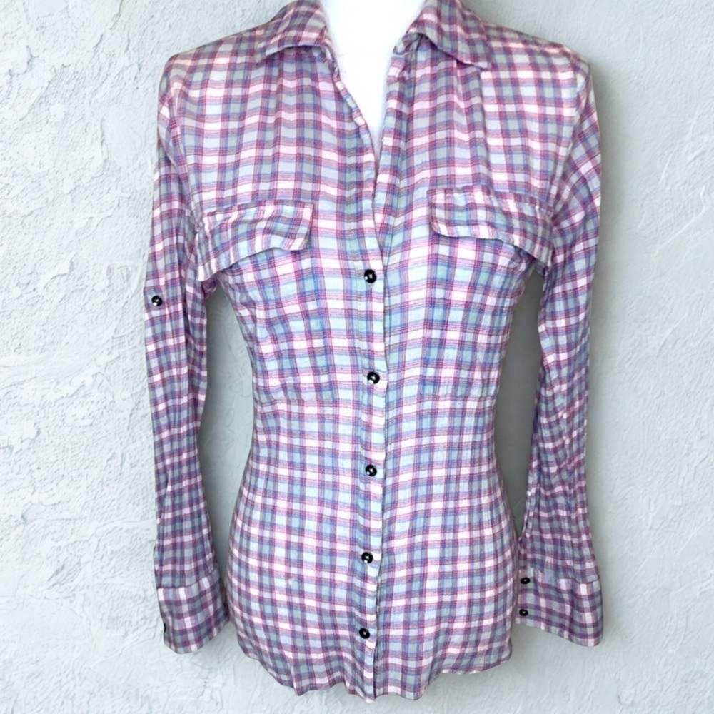 William Rast Women Button Down Plaid Long Roll Tab Sleeve Shirt Size Small